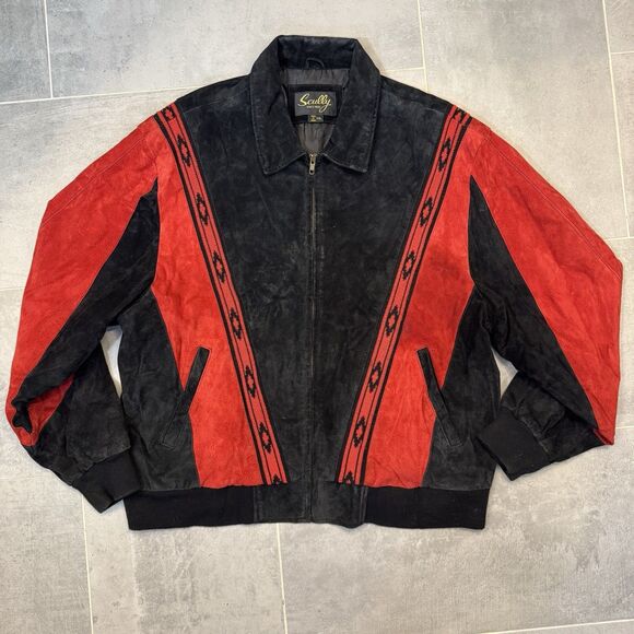 Vintage Scully Red & Black Suede Southwestern Aztec Leather Jacket Men's 2XL - Picture 1 of 16